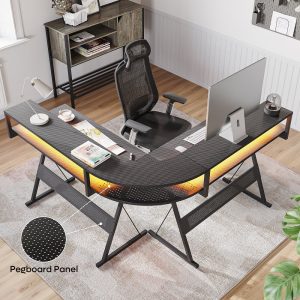 Bestier Computer Desk 55 inch L Shaped Gaming Desk with Full Size Monitor Shelf Carbon Fiber