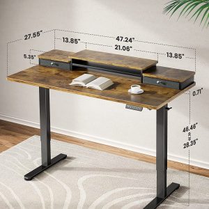 Adjustable Height Electric Standing Desk for 48x24 inch, Computer Stand Up Desk with Double Drawers, Home Office Desk Workstation with Storage Shelf, Vintage Brown