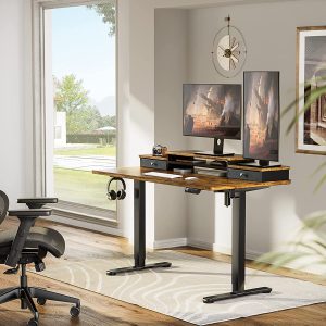 Adjustable Height Electric Standing Desk for 48x24 inch, Computer Stand Up Desk with Double Drawers, Home Office Desk Workstation with Storage Shelf, Vintage Brown