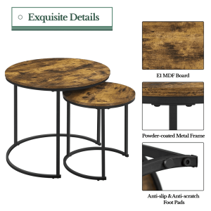 Alden Design Nesting Coffee Table Set with Round Wooden Tabletop, Rustic Brown