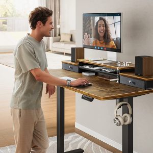 Adjustable Height Electric Standing Desk for 48x24 inch, Computer Stand Up Desk with Double Drawers, Home Office Desk Workstation with Storage Shelf, Vintage Brown