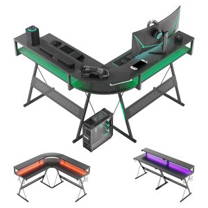 Bestier Computer Desk 55 inch L Shaped Gaming Desk with Full Size Monitor Shelf Carbon Fiber