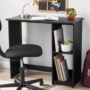 Mainstays Small Space Writing Desk with 2 Shelves, True Black Oak Finish