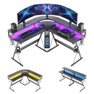 Bestier Computer Desk 55 inch L Shaped Gaming Desk with Full Size Monitor Shelf Carbon Fiber