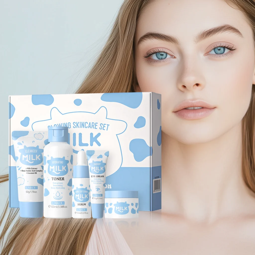 LAIKOU Milk Glowing Skincare Set Hydrating Brightening Anti-Age Firming Facial Care Cleanser Toner Serum Eye Cream Moisturizer