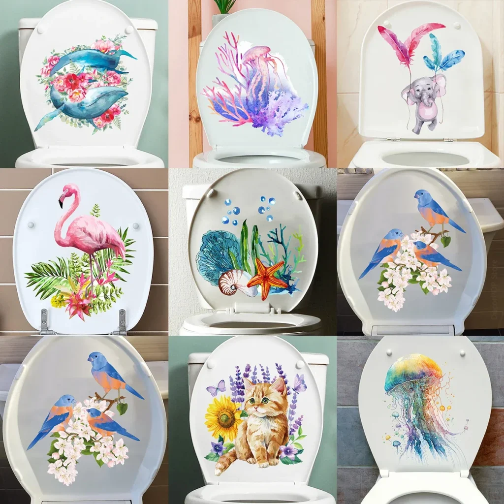 Ocean Series Toilet Stickers Watercolor Hand Drawn Jellyfish Whale Wall Sticker Bathroom Toilet Decor Decals Self Adhesive Mural