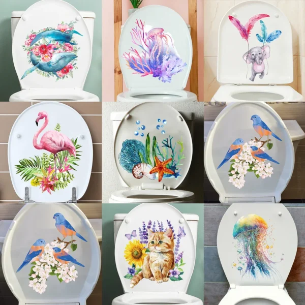 Ocean Series Toilet Stickers Watercolor Hand Drawn Jellyfish Whale Wall Sticker Bathroom Toilet Decor Decals Self Adhesive Mural