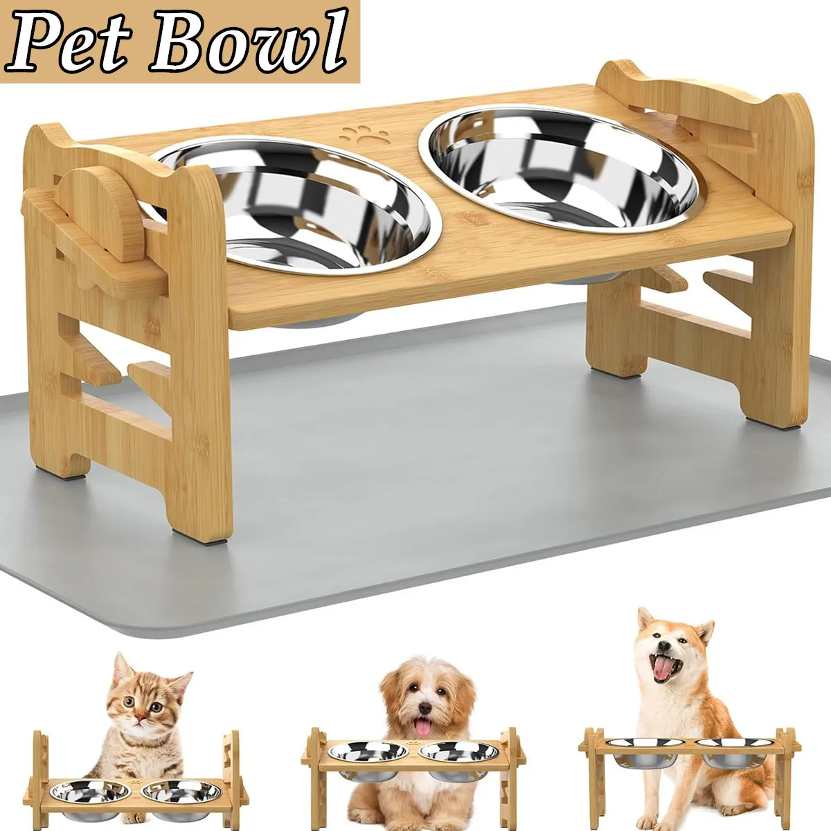 Bamboo Adjustable Raised Elevated Pet Food Bowls,Stand Feeder with 2Stainless Steel Bowls and Anti Slip Feet for Comfort Feeding