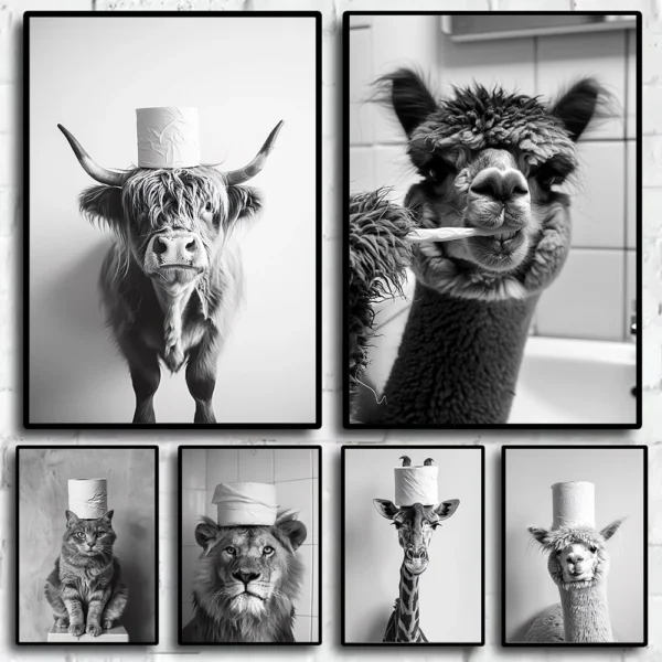 Black & White Funny Animals Brushing Teeth Bathroom Posters Prints Picture Canvas Painting Wall Art Decor WC Toilet Paper Mural