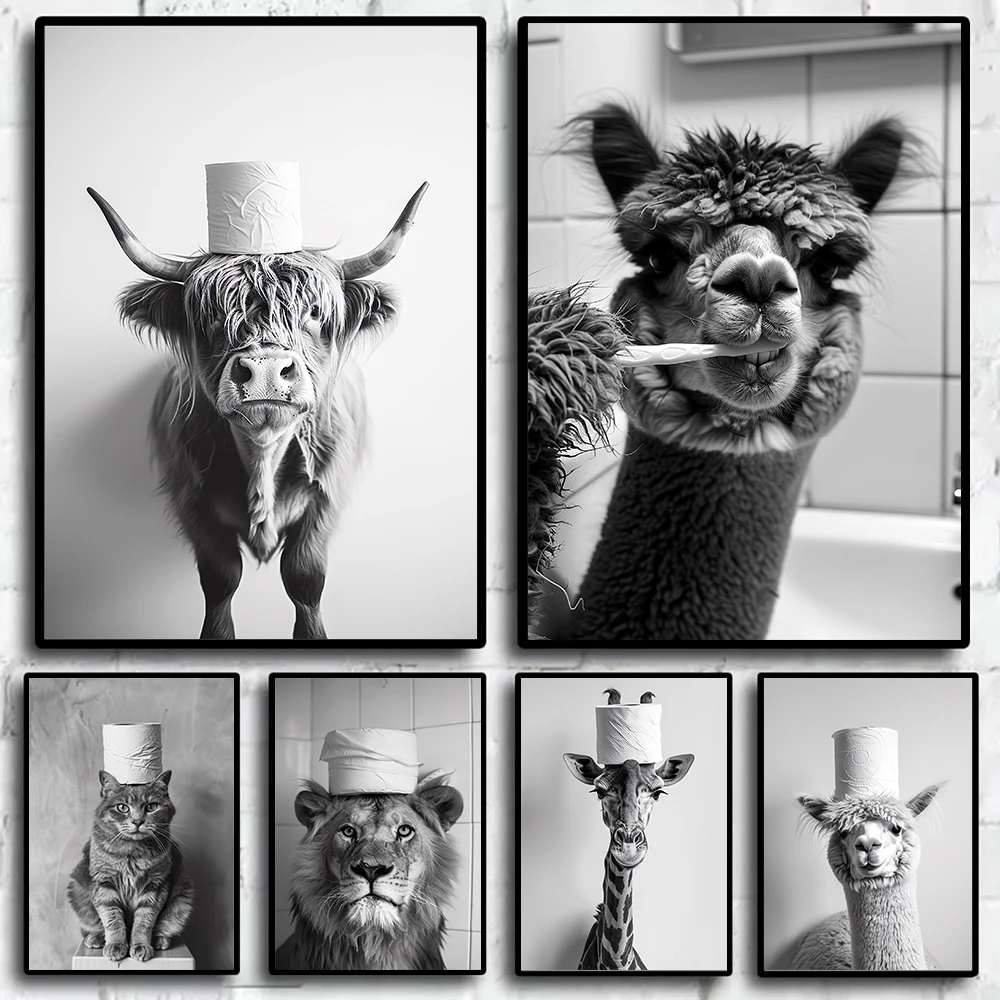 Black & White Funny Animals Brushing Teeth Bathroom Posters Prints Picture Canvas Painting Wall Art Decor WC Toilet Paper Mural