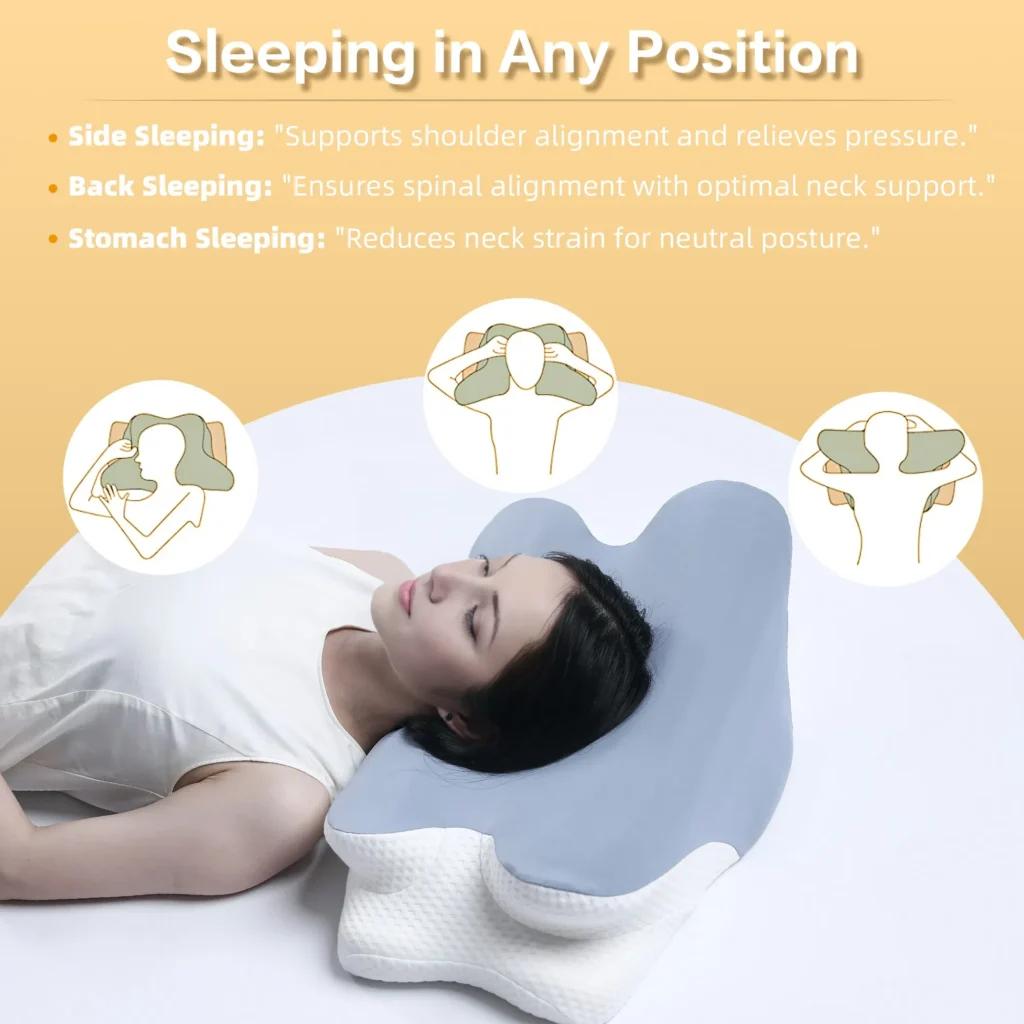 RUMMY Cervical Memory Foam Ergonomic Pillow, Removable Washable Pillowcase, For Side and Stomach Sleepers(Blue)