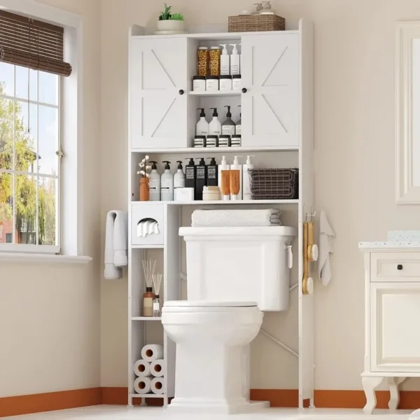 Over-The-Toilet Storage Cabinet with Metal Frame, 7 Adjustable Shelves for Bathroom Organization