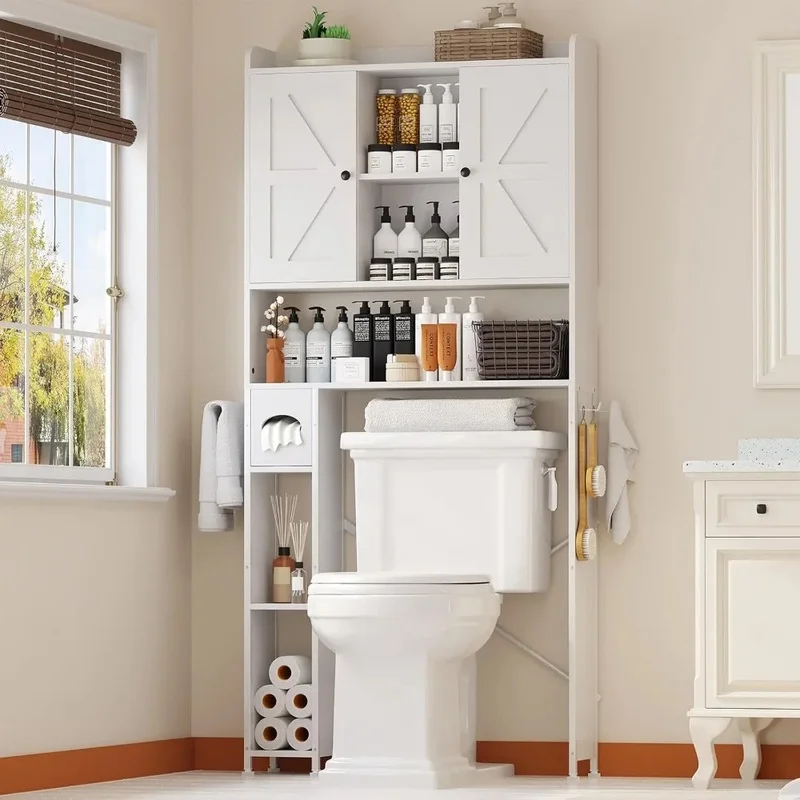 Over-The-Toilet Storage Cabinet with Metal Frame, 7 Adjustable Shelves for Bathroom Organization