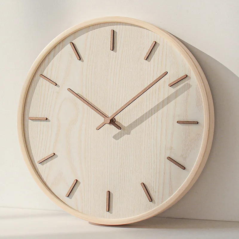 Japanese-style household mute wall clock living room bedroom simple modern decorative wall watch wooden quartz clock round